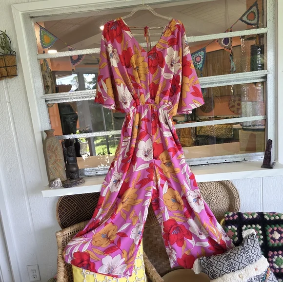 Easel Small Pink Jumpsuit Vibrant Tropical Wide Leg Palazzo Style Vacation - Picture 8 of 11